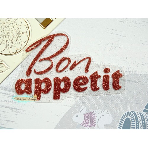 Надпись из термотрансфера "Bon appetit", цвет медный глиттер, ширина 82 мм